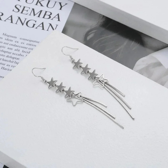 925 Sterling Silver Dangle Star Earrings Dangle Drop Tassel Long Earrings - Picture 3 of 5